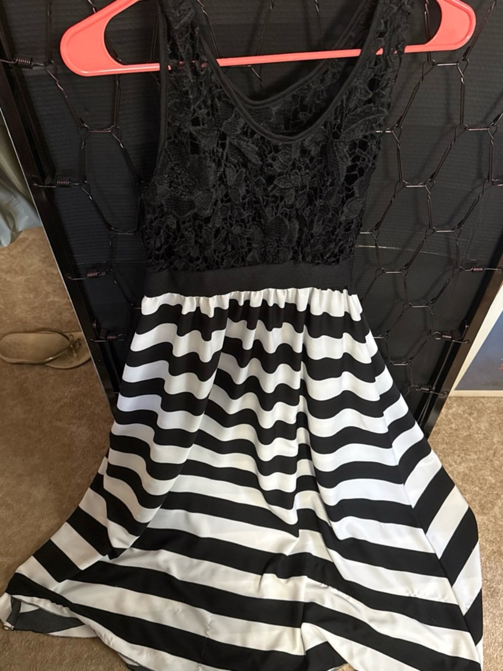 Black & White Striped Lace Bodice Women's Dress